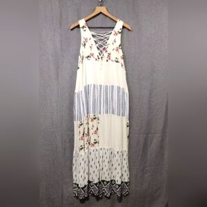Hummingbird Floral Lace-Up Patchwork Maxi Dress Women's M Cream Bobo Retro Y2K